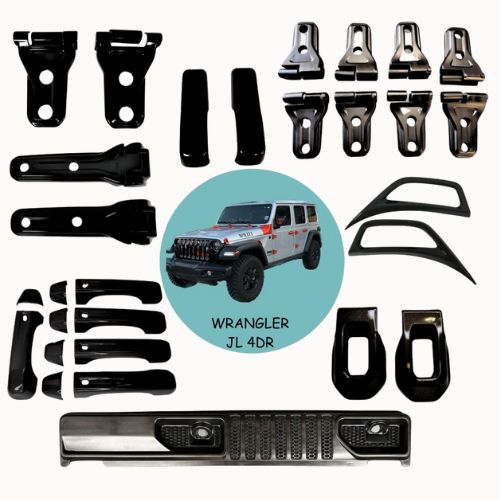 Set of Jeep Wrangler JL 4DR car parts on a white background