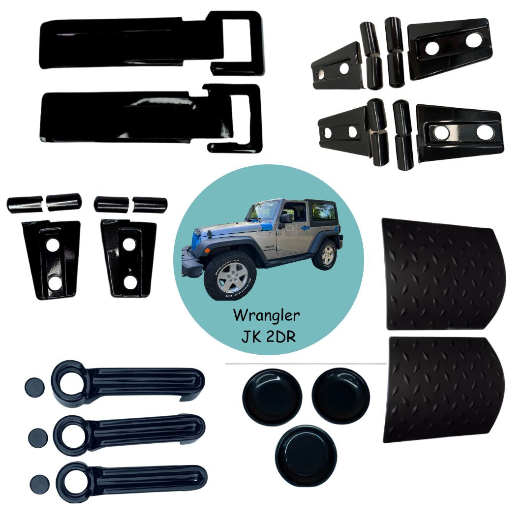 Set of black vehicle accessories with a Wrangler JK 2DR illustration on a white background