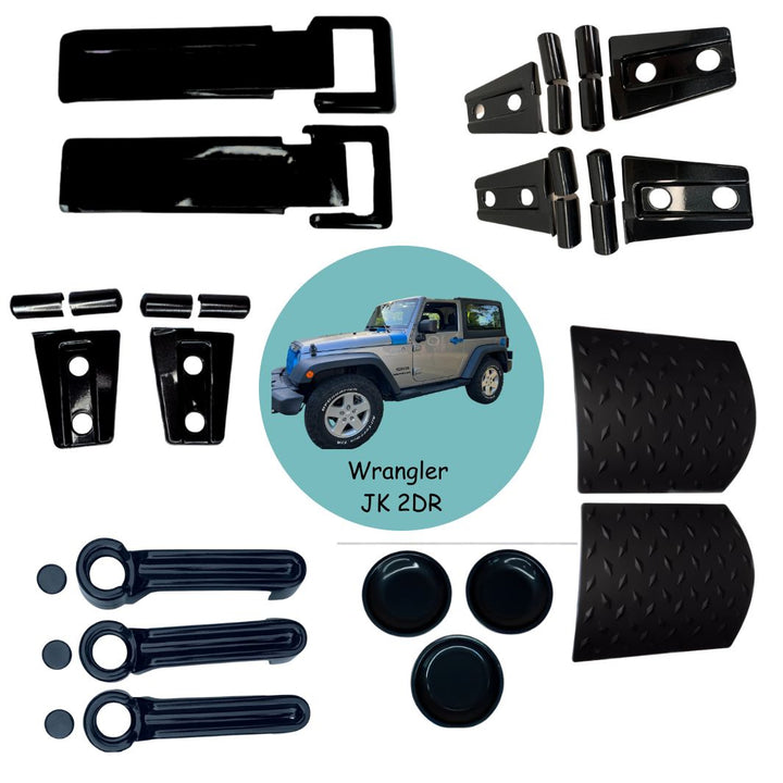 Set of black vehicle accessories with a Wrangler JK 2DR illustration on a white background