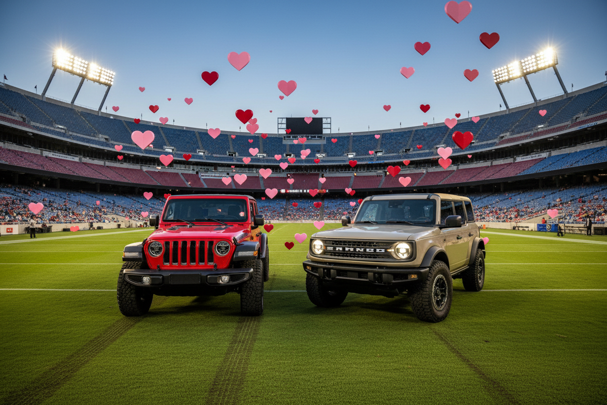 jeep wrangler and a ford bronco in a football stadium with floating hearts